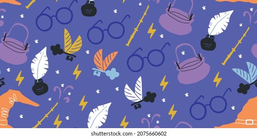 Seamless pattern: elements for witches and wizards in doodle style - owl, potion, round glasses, pot, kettle, letter, grail, goblet, candles, book of spells. Kids magic pattern