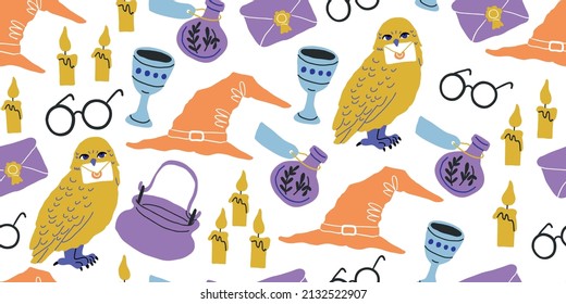 Seamless pattern: elements for witches and wizards in doodle style - owl, potion, round glasses, pot, kettle, white owl, letter, grail, goblet, witch hat, candles, book of spells. Kids magic pattern