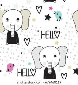 seamless pattern with elephant and bird, childish pattern with elephant and bird, vector textile fabric print, wrapping paper, book cover, bedding pattern for kids vector illustration