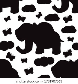 Seamless pattern with elephant and butterflies. Vector illustration
