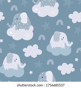 Seamless pattern with elephant and cloud in the sky.  Creative kids hand drawn texture for fabric, wrapping, textile, wallpaper, apparel. Vector illustration