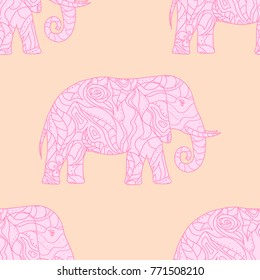 Seamless pattern. Elephant. Design Zentangle. Hand drawn animal with abstract patterns on isolation background. Design for spiritual relaxation for adults. Print for polygraphy, posters, t-shirts