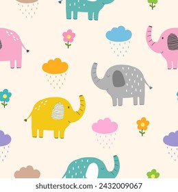 Seamless pattern with elephant, flowers and rain for your fabric, children textile, apparel, nursery decoration, gift wrap paper, baby's shirt.