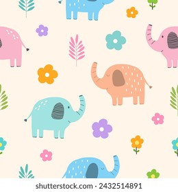 Seamless pattern with elephant and flowers for your fabric, children textile, apparel, nursery decoration, gift wrap paper, baby's shirt.