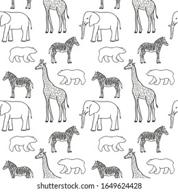 Seamless Pattern with Elephant, Giraffe, Zebra, Bear. Ornament items with Wildlife and Animal symbol. For printing wrapping paper, wallpaper, packaging, fabric. Hand Drawn vector illustration.