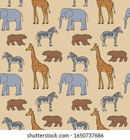 Seamless Pattern with Elephant, Giraffe, Zebra, Bear. Ornament items with Wildlife and Animal symbol. For printing wrapping paper, wallpaper, packaging, fabric. Hand Drawn vector illustration.
