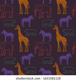 Seamless Pattern with Elephant, Giraffe, Zebra, Bear. Ornament items with Wildlife and Animal symbol. For printing wrapping paper, wallpaper, packaging, fabric. Hand Drawn vector illustration.