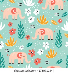 Seamless pattern with elephant and hand-drawn elements. Creative vector childish background for fabric, textile