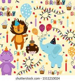 seamless pattern with elephant hippopotamus lion Happy Birthday - vector illustration, eps