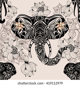 
Seamless pattern with elephant with Indian patterns and colors. elephant head .