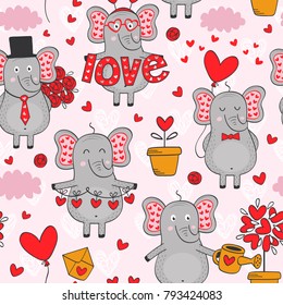 seamless pattern with elephant in love in color - vector illustration, eps
