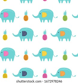 Seamless pattern with elephant and pineapple. Kids vector illustrations