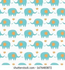 Seamless pattern with elephant and pineapple. Kids vector illustrations