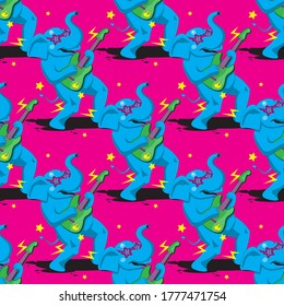 seamless pattern of an elephant playing a guitar on a pink background. Vector image eps 10