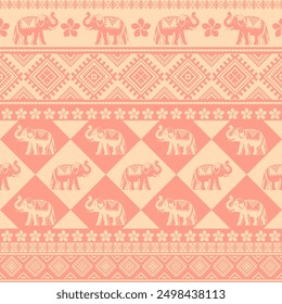 Seamless pattern with elephant, plumeria and geometric designs in vector. Design for fabric, clothing, print, paper, etc. 
