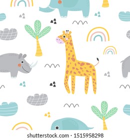 Seamless pattern with elephant, Rhino and giraffe and palm tree. Vector illustration for printing on holiday products, packaging paper, postcards, clothing, fabric. Cute baby background.