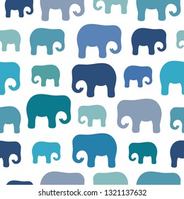 Seamless pattern with elephant silhouettes in different blue colors. White background. Vector