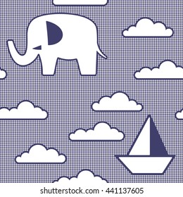 Seamless pattern with elephant, toy boat and clouds. Silhouettes. Striped background. Monochrome.