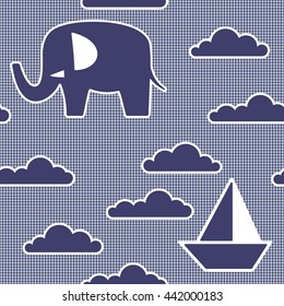 Seamless pattern with elephant, toy boat and clouds in striped background. Silhouettes. Monochrome.