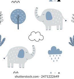 Seamless pattern with elephant, tree,cloud and rain for your fabric, children textile, apparel, nursery decoration, gift wrap paper, baby's shirt.