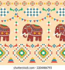 Seamless pattern of elephant walking in the party decorated with colorful geometrics vector.