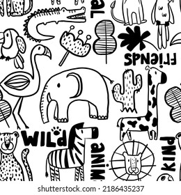 Seamless pattern with elephant, zebra, giraffe, lion, leopard, leaves palm, carrots and words. Cartoon background for textile, fabric, stationery, clothes, socks and other designs.