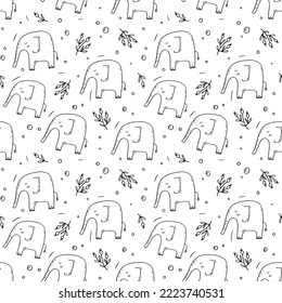 Nahtloses Muster mit Elefanten und Beeren auf weißem Hintergrund. Handgezeichnete kindische Vektorgrafik. Ideal für Gewebe, Textilien, Tapeten, Drucke, Scrapbooking, Wickelpapier