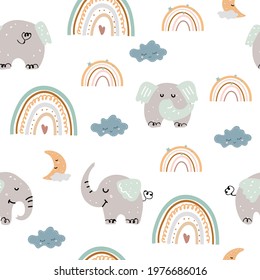 Seamless pattern with elephants and boho rainbows