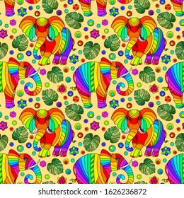 Seamless pattern with elephants, bright rainbow animals, flowers and leaves on an orange background
