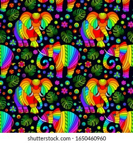 Seamless pattern with elephants, bright rainbow animals, flowers and leaves on a dark background