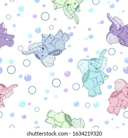 Seamless pattern with elephants and bubbles. Vector illustration.