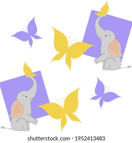 Seamless pattern with elephants and butterflys on a white background. Cartoon style.