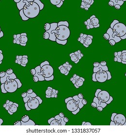 Seamless pattern of elephants in cartoon style. On color background, vector illustration.