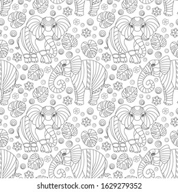 Seamless pattern with elephants, contour animals, flowers and leaves , dark outlines on a white background