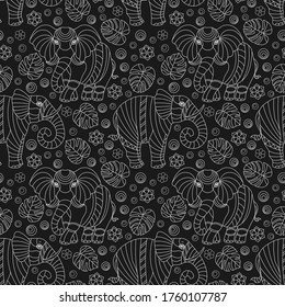 Seamless pattern with elephants, contour animals, flowers and leaves , light outlines on a dark background