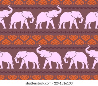 Seamless pattern with elephants in dark color in Indian style. Print for fabric, vector illustration