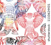 Seamless pattern with elephants. Doodling, mandala pattern. Drawing by hand. Stylish background. Indian style.