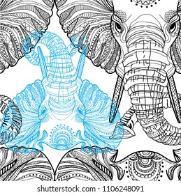 Seamless pattern with elephants. Doodling, mandala pattern. Drawing by hand. Stylish background. Indian style.