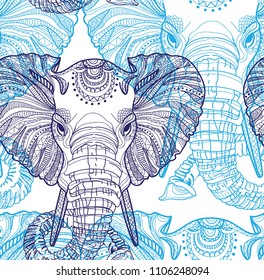 Seamless pattern with elephants. Doodling, mandala pattern. Drawing by hand. Stylish background. Indian style.