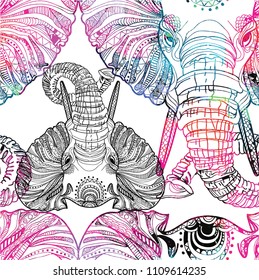 Seamless pattern with elephants. Doodling, mandala pattern. Drawing by hand. Stylish background. Indian style.