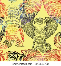 Seamless pattern with elephants. Doodling, mandala pattern. Drawing by hand. Stylish background. Indian style.