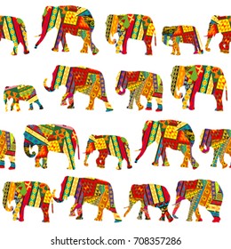Seamless pattern with elephants in ethnic motifs on white background