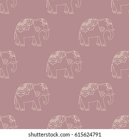 Seamless pattern with elephants and flower mandala. Background for textile, baby shower, greeting card, wrapping. Floral ornament.
