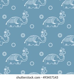 Seamless pattern with elephants and flowers. Background for textile, baby shower, greeting card, wrapping. Floral ornament.