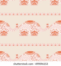 Seamless pattern with elephants and flowers. Background for textile, baby shower, greeting card, wrapping. Floral ornament.