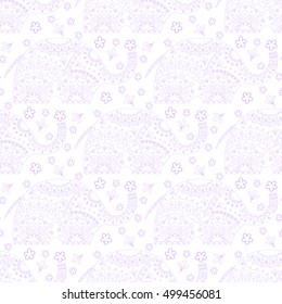 Seamless pattern with elephants and flowers. Background for textile, baby shower, greeting card, wrapping. Floral ornament. Doodling.