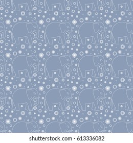 Seamless pattern with elephants and flowers. Background for textile, baby shower, greeting card, wrapping. Floral ornament.