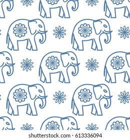 Seamless pattern with elephants and flowers. Background for textile, baby shower, greeting card, wrapping. Floral ornament.