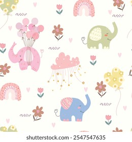 Patrón sin fisuras con elefantes, flores, arco iris y nubes. Ilustración para niños.