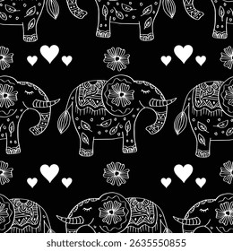 Patrón sin fisuras con elefantes y corazones. Ilustración vectorial en blanco y negro.